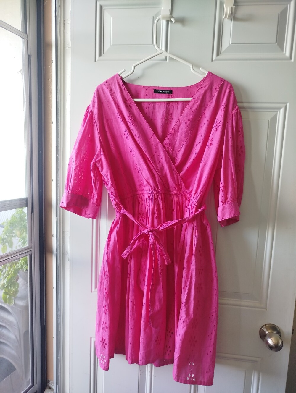 LOFT Bright Pink Eyelet Wrap Midi Dress with Tie